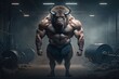 Portrait of strong buffalo in a gym. Bodybuilding genetics concept. Generative AI Technology