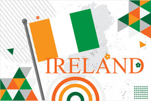 Ireland National Day Banner With Irish Flag Colors Theme Background And Geometric Abstract Retro Modern Green Orang White Design. Irish Harp And Map Icon, Celebration Of St Patrick's Day