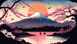 Sunrise at Mt. Fuji, spring and River with Cherry Blossoms in Japan, illustration - Generative AI