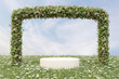 Abstact 3d render spring scene and Natural podium background, Stone podium on the white flowers, grass field, backdrop flowers arch door, sky and clouds for product display advertising, cosmetic, etc