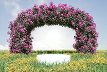 Abstact 3d Render Spring Scene And Natural Podium Background, Stone Podium On Yellow Flowers And Grass Field, Backdrop Leaf Arch Door, Sky And Clouds For Product Display Advertising, Cosmetic Or Etc