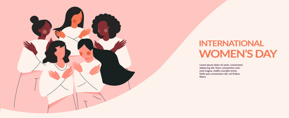 Embrace Equity International Women day 2023 vector illustration. Sisterhood and girl power concept. Woman hug yourself. 8 March feminine banner. EmbraceEquity. Female empowerment movement