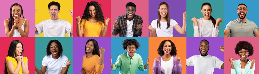 Sticker - Set of cool multiracial millennials celebrating success on colorful backgrounds