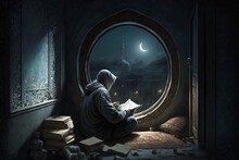 A Man Reads The Koran (al Quran) Book At Night Near The Window Under The Ramadan Moon Light