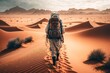 Ein Mann geht durch die Wüste, mit einem Rucksack beladen. Digitaler Nomade als Backpacker im Abenteuer-Urlaub. Generativ KI