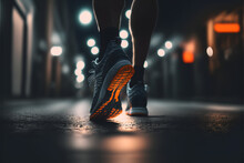 Runner In Running Shoes In A City On Concrete After Rainfall