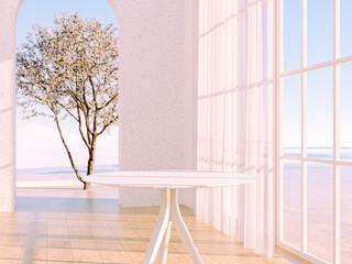 Fototapete - Natural beauty podium backdrop with spring sakura cherry blossom tree. 3d rendering.