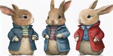 Illustration Of Set Of Watercolor Cute Peter Rabbits In Red And Blue Jacket. Generative AI