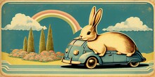 Illustration Of Vintage Style Easter Bunny Greeting Card Design. Funny Retro Scrapbook Background. Digital Illustration. Generative AI