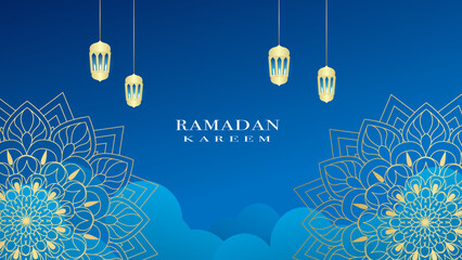 Ramadan Kareem. Islamic greeting card template with ramadan for wallpaper design on blue background. Contained arabic ornament and lamps.