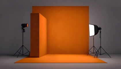 Wall Mural - Empty orange color mockup podium background spotlight studio 