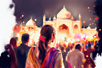 Wall Mural - Indian crowd people in the Diwali the festival of lights in the night with candle lights fireworks and mosque background. Generative AI