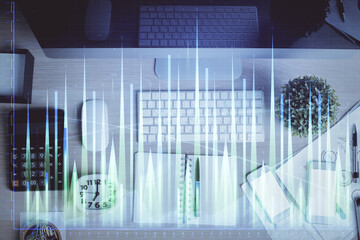 Aufkleber - Double exposure of forex graph drawing over desktop background with computer. Concept of financial analysis. Top view.