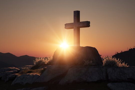 Christian cross outline on the background of the sun set in the mountains