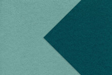 Texture Of Cyan Paper Background, Half Two Colors With Emerald Arrow, Macro. Structure Of Dense Craft Teal Cardboard
