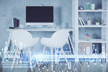 Sticker - Multi exposure of data theme drawing and office interior background. Concept of technology.