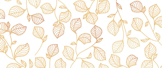 Wall Mural - Luxury gold leaf vector background. Golden gradient branches and leaves in a line graphic style on a white background. Wallpaper design for prints, covers, wall art, packaging, fabric.