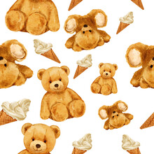 Cute Toy Brown Bear Teddy Pattern Ice Cream Watercolor