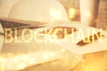 Aufkleber - Double exposure of blockchain theme drawing and cell phone background. Concept of cryptomarket