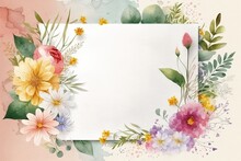 Watercolor Blank Greeting Card Template With Beautiful Flowers Around. Mother's Day Template With Copy Space - Generative AI