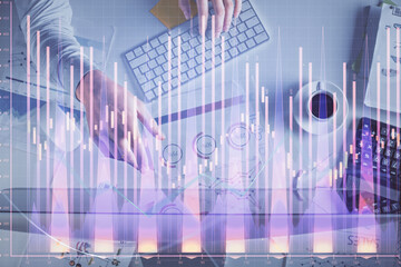 Aufkleber - Multi exposure of man's hands typing over computer keyboard and forex graph hologram drawing. Top view. Financial markets concept.