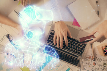Aufkleber - Double exposure of man's hands typing over computer keyboard and virtual reality hologram drawing. Top view. Technology concept. Future.