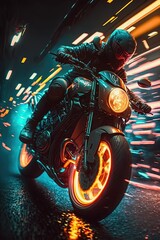 Futuristic motorbike, Side view of motorbike on a cyberpunk City landscape background - Generative AI