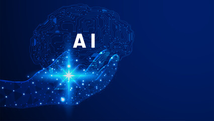 Poster - Abstract low poly hand wire frame with circuit board brain element. Artificial intelligence AI technology, Internet of thing IoT, cyber big data concept on blue background vector.