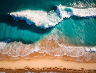 Wall Mural - Spectacular top view from drone photo of beautiful beach with relaxing sunlight, sea water waves pounding the sand at the shore. Calmness and refreshing beach scenery.