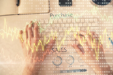 Poster - Double exposure of man's hands typing over laptop keyboard and forex chart hologram drawing. Top view. Financial markets concept.