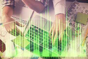 Poster - Double exposure of man and woman working together and forex graph hologram drawing. Financial analysis concept. Computer background. Top View.