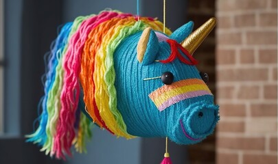 Sticker -  a colorful knitted unicorn head hanging from a string with a brick wall in the background.  generative ai