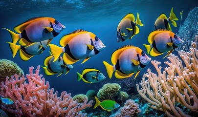 Wall Mural -  a group of fish swimming over a coral covered ocean floor.  generative ai