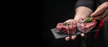 Beef Medallions With Rosemary And Spices, Raw Beef Meat Steak Tenderloin Fillet On A Dark Background. Banner, Menu, Recipe Place For Text, Top View