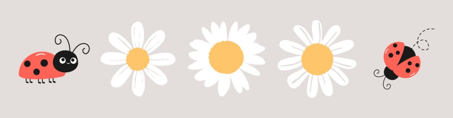 Sticker - Set of daisy flower and lady bug on grey background vector illustration. Cute childish print.