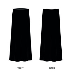 Vector drawing of a long silk skirt in black. Long skirt template front and back view. Midi skirt sketch, vector.