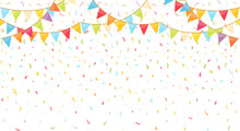 Background With Colorful Bunting Flags And Confetti