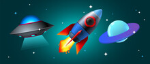 Set Of Cosmos Icons, Space Rocket, Ufo Ship, Planet And Stars