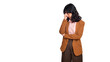 Sad office girl, asian woman sulking and frowning disappointed, standing upset and distressed against white background