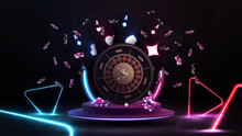 Casino Roulette wheel with black playing cards with glowing neon lights on purple podium with neon ring in scene with line neon colors triangles around.