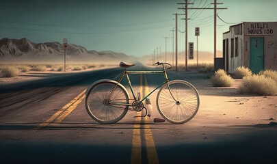 Sticker -  a bike is parked on the side of the road in the desert.  generative ai