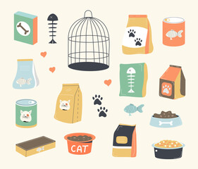 cat and dog food vector. canine cans, conserve of feline food. pet shop assortment. feeding plate. b