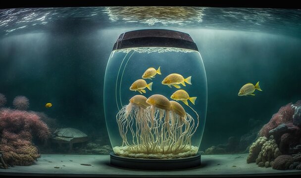 a fish tank with a lot of fish inside of it.  generative ai