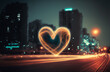 illustration with light tracing effect in the shape of a heart in the city at night