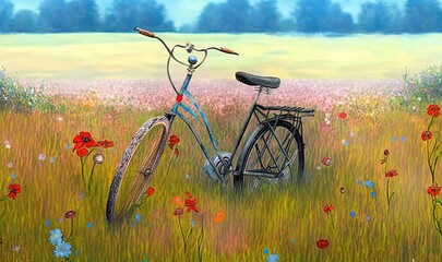 Sticker -  a painting of a bike in a field of flowers and grass.  generative ai