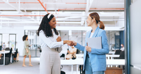 Poster - Business women, hand shake and high five for success celebration in office. Sequence, group teamwork or partnership of female friends or employees walking, talking and shaking hands for collaboration