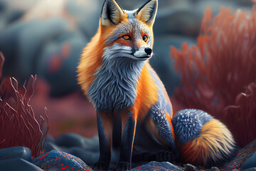 Poster - Beautiful photo fox, natural background. Generative AI technology.