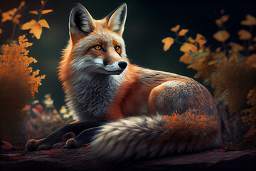 Poster - Beautiful photo fox, natural background. Generative AI technology.