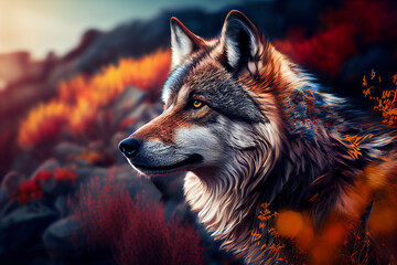 Poster - Beautiful photo wolf, natural background. Generative AI technology.
