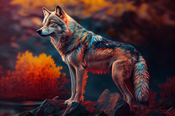 Poster - Beautiful photo wolf, natural background. Generative AI technology.
